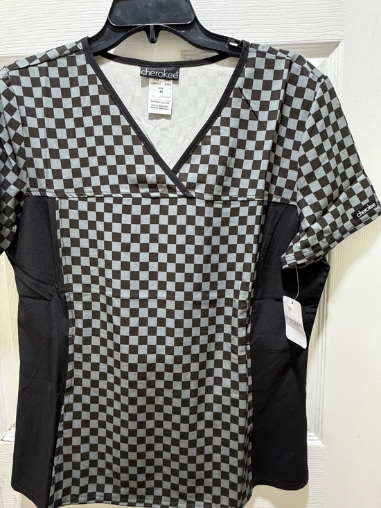 Cherokee Tops - Cherokee Black and Gray Checkerboard V-Neck Scrub Top